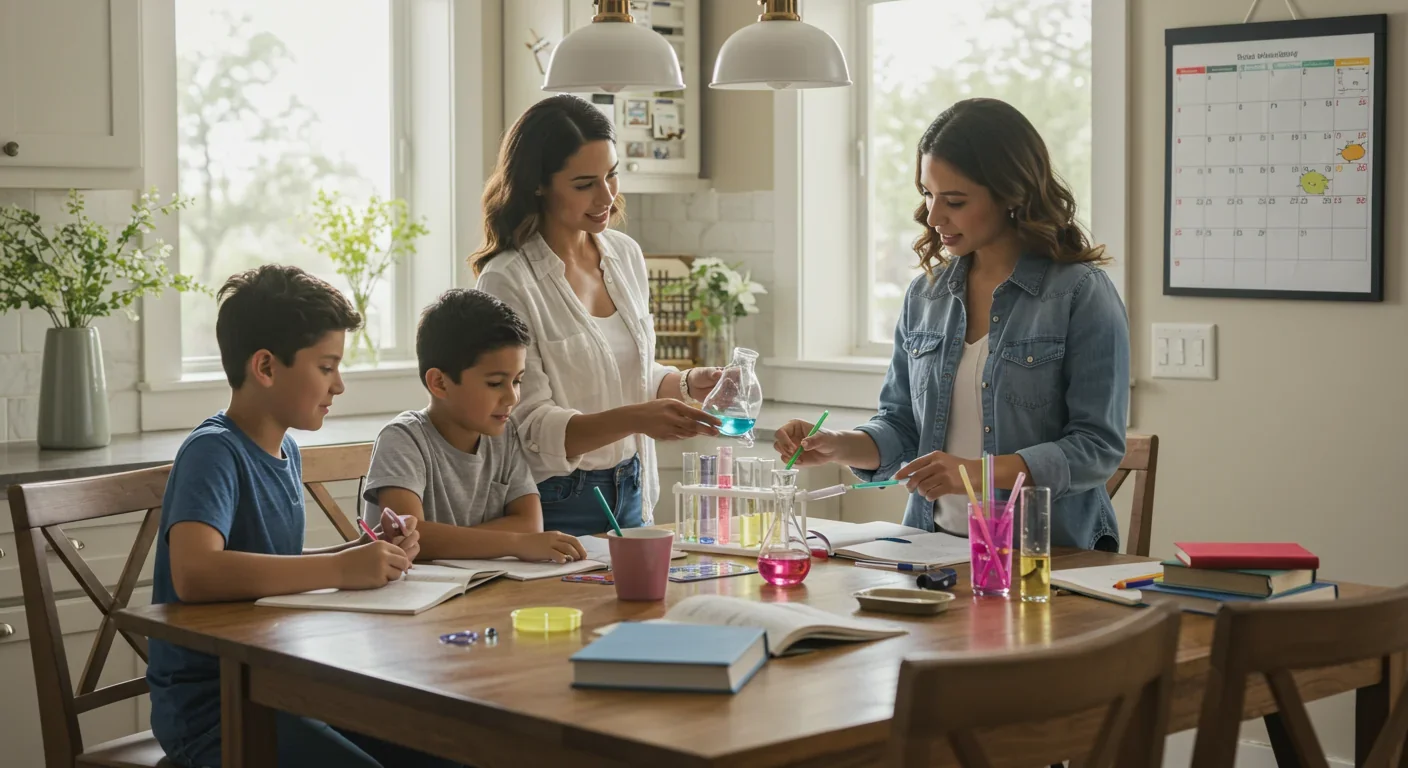 Diverse family homeschooling together at kitchen table with science materials and laptops in bright home setting