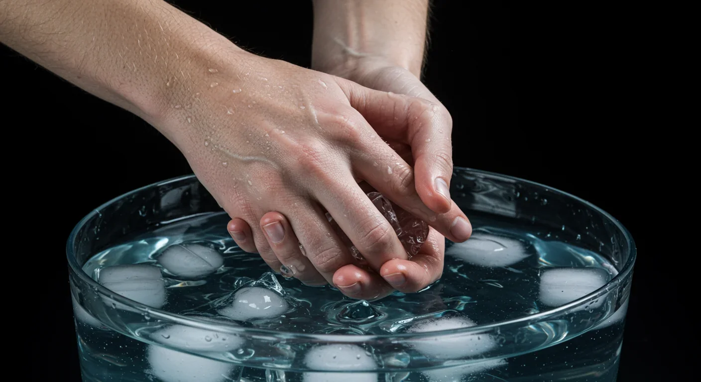 Hands in ice water demonstrating cold exposure for hormetic benefits