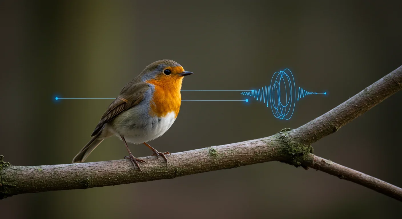 European robin at dawn showing eye detail with magnetic field visualization overlay representing cryptochrome-based navigation