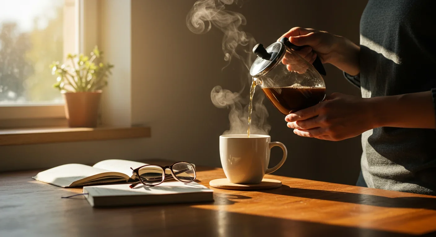 Person performing morning coffee ritual in sunlit kitchen with journal on wooden table