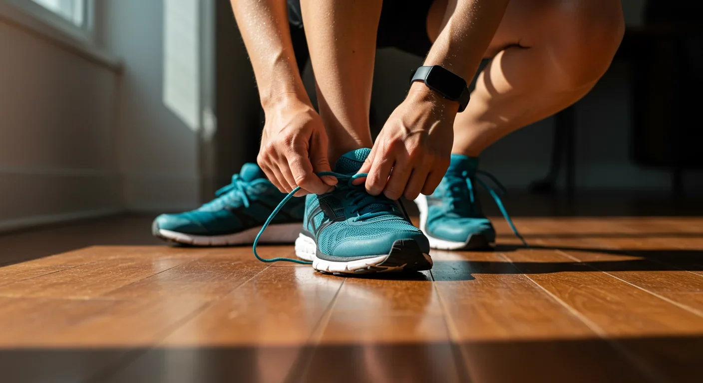Runner performing pre-exercise ritual of lacing shoes in morning light with fitness tracker