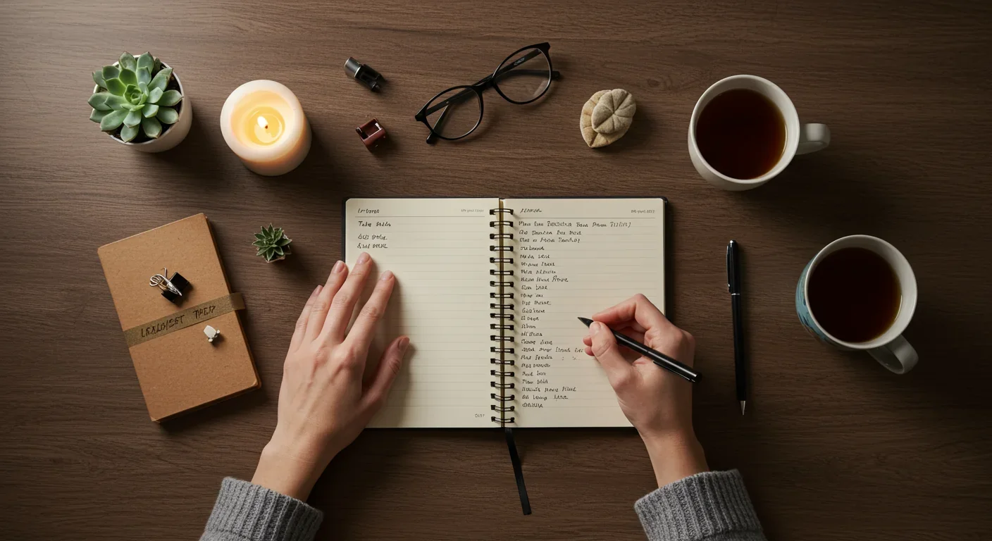 Overhead view of hands writing in gratitude journal with candle and tea during evening ritual