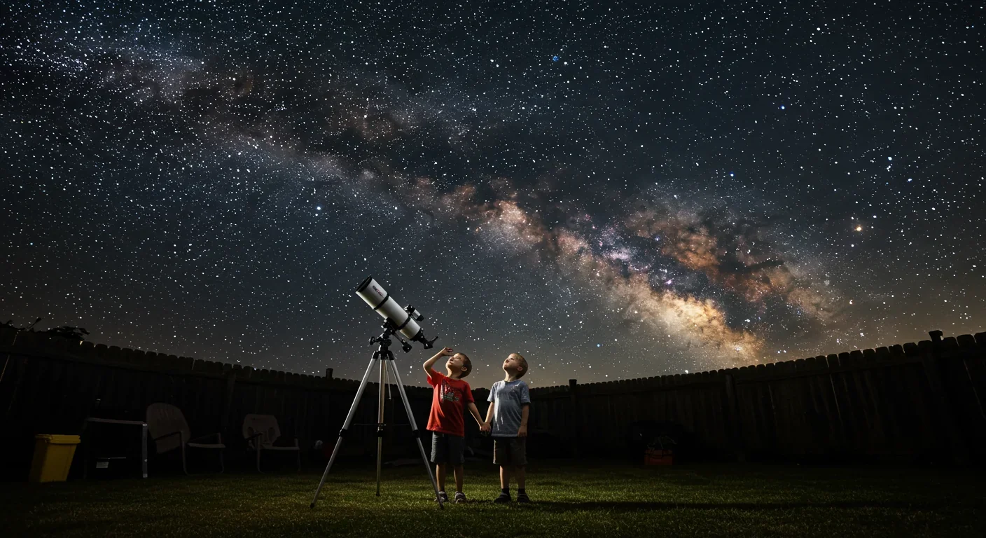 Family stargazing through telescope under the Milky Way on a clear night
