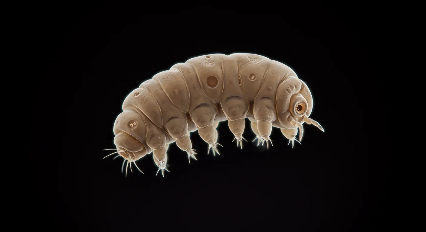 Microscopic tardigrade water bear viewed through laboratory microscope showing eight legs and translucent body structure