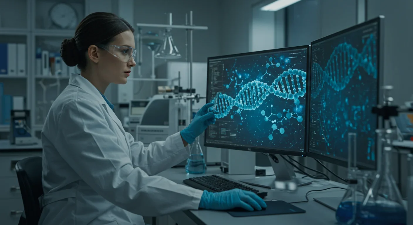 Researcher analyzing DNA molecular structures and protective proteins on computer screen in biotechnology laboratory