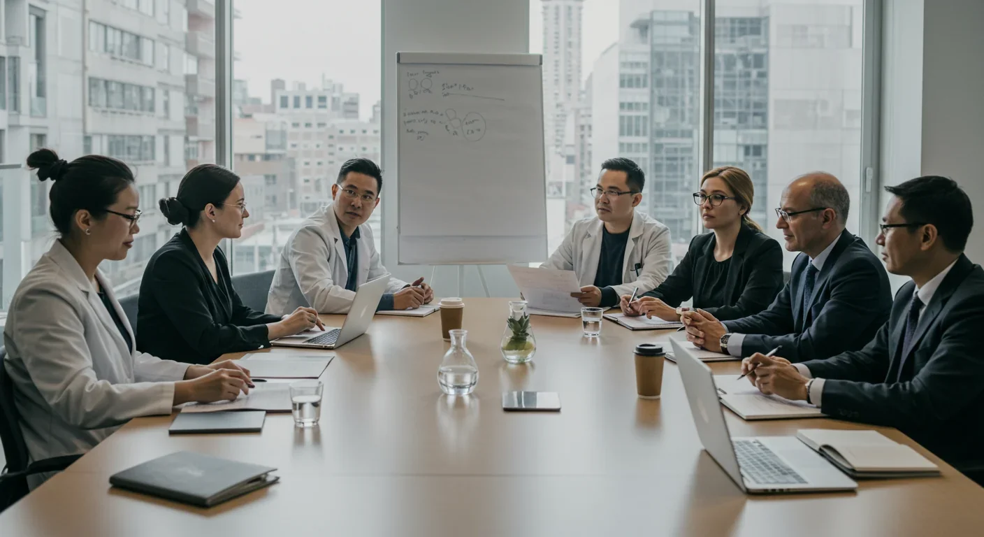 Diverse team of scientists and ethicists discussing genetic modification ethics and tardigrade research applications in conference room