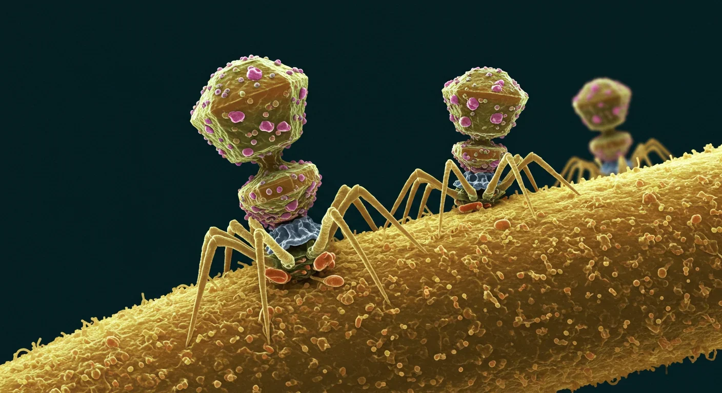 Bacteriophages attaching to bacterial cell surface in electron microscope view