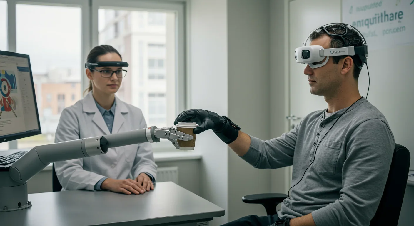 Patient using brain-computer interface to control robotic prosthetic arm in clinical setting