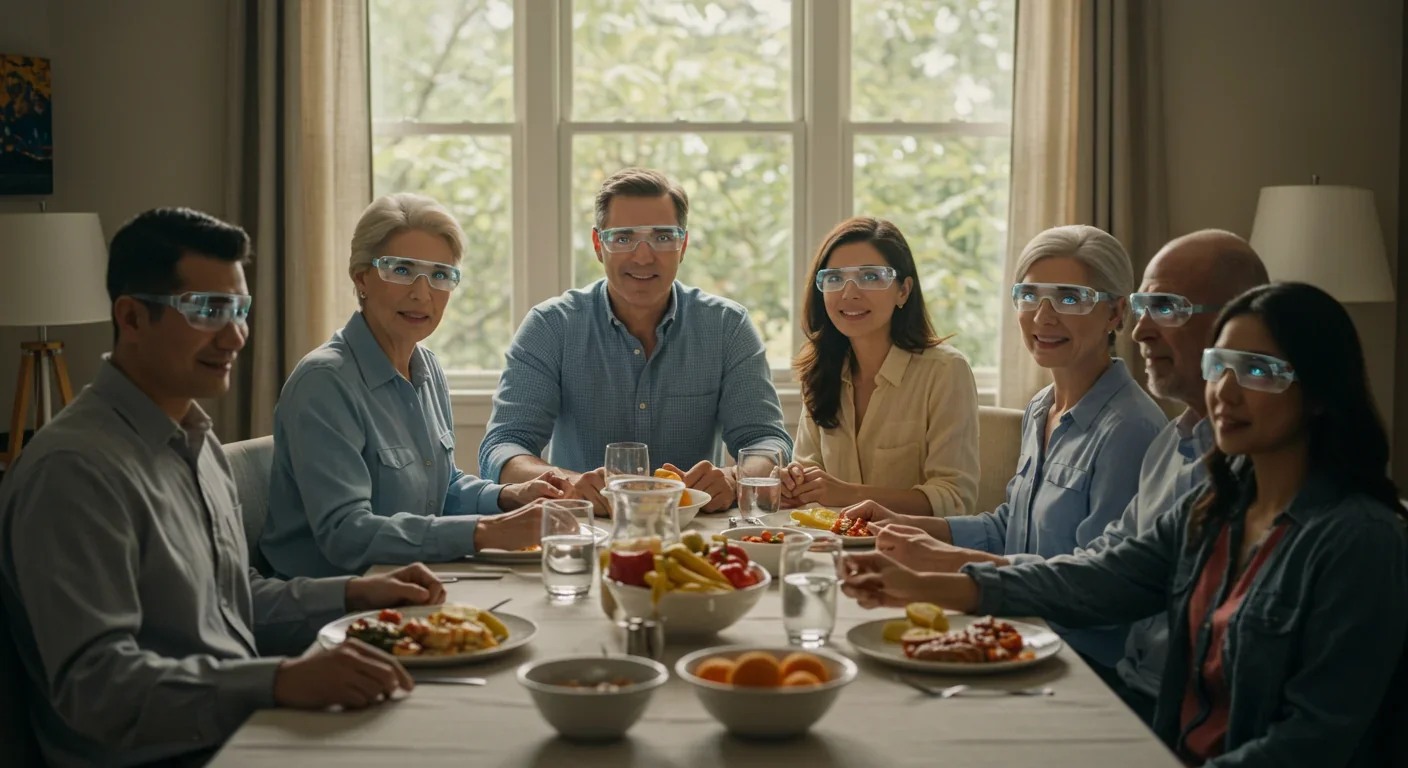 Multigenerational family gathering showing blend of enhanced and natural humans sharing meal