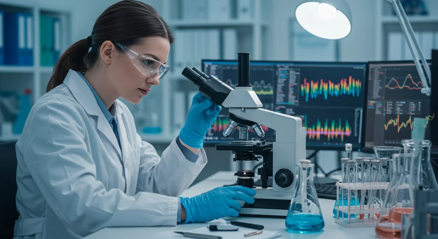Scientist analyzing ancient DNA samples in modern genetics laboratory with sequencing data on screens