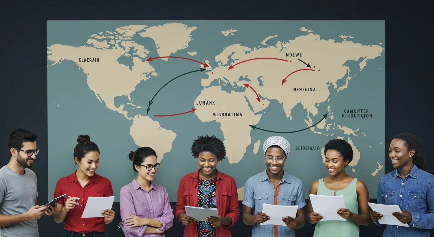 Diverse group of people examining world map showing ancient human migration routes from Africa