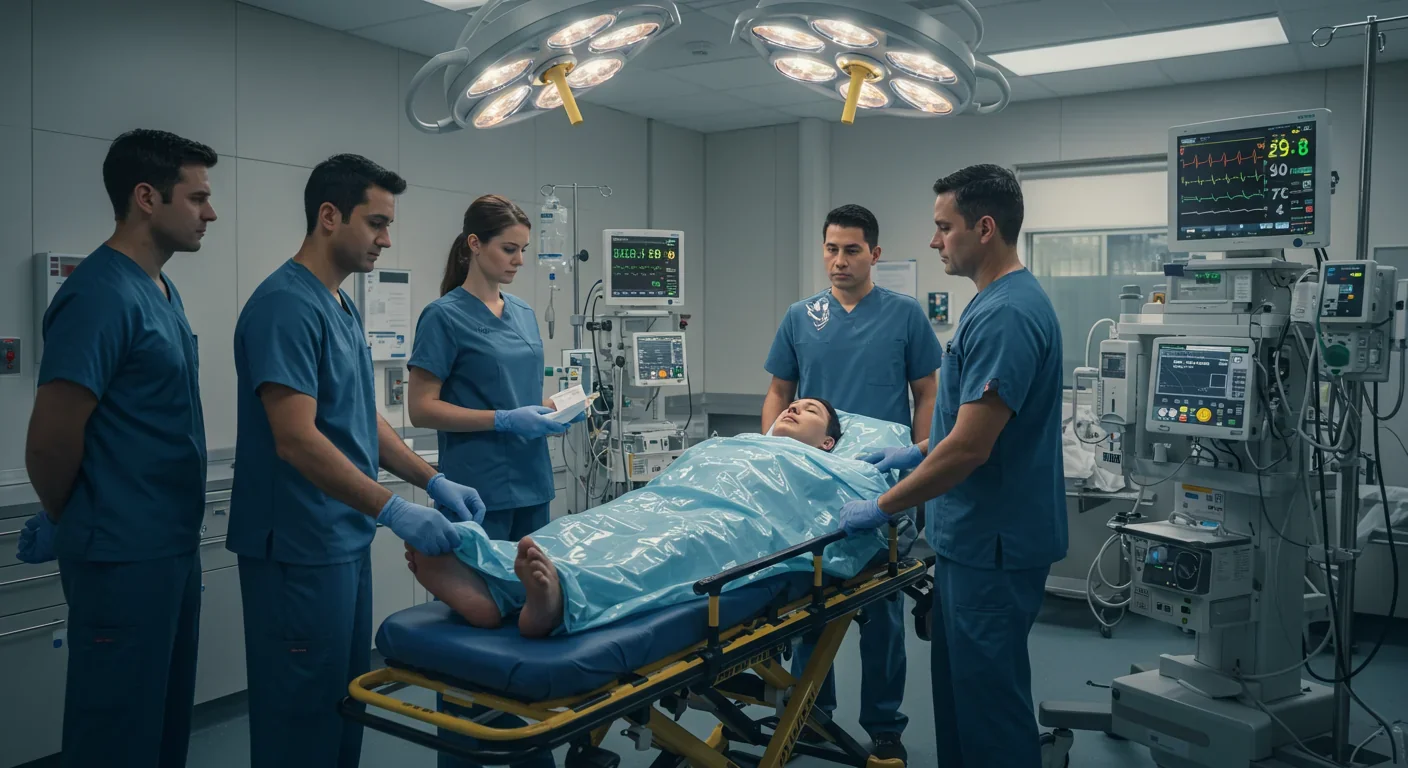 Medical professionals applying therapeutic hypothermia cooling blankets to trauma patient in emergency room with monitoring equipment
