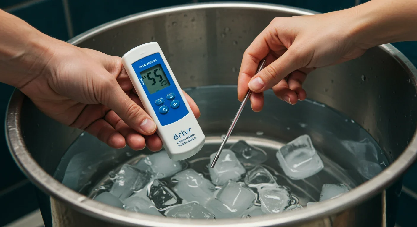 Thermometer showing optimal 55-degree temperature for therapeutic cold exposure and ice bath practice