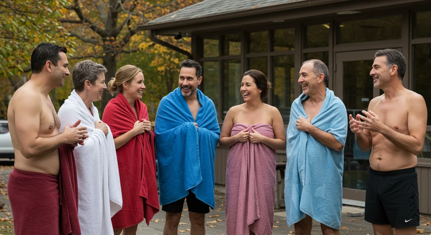Community of adults practicing cold exposure therapy together as part of longevity and wellness lifestyle