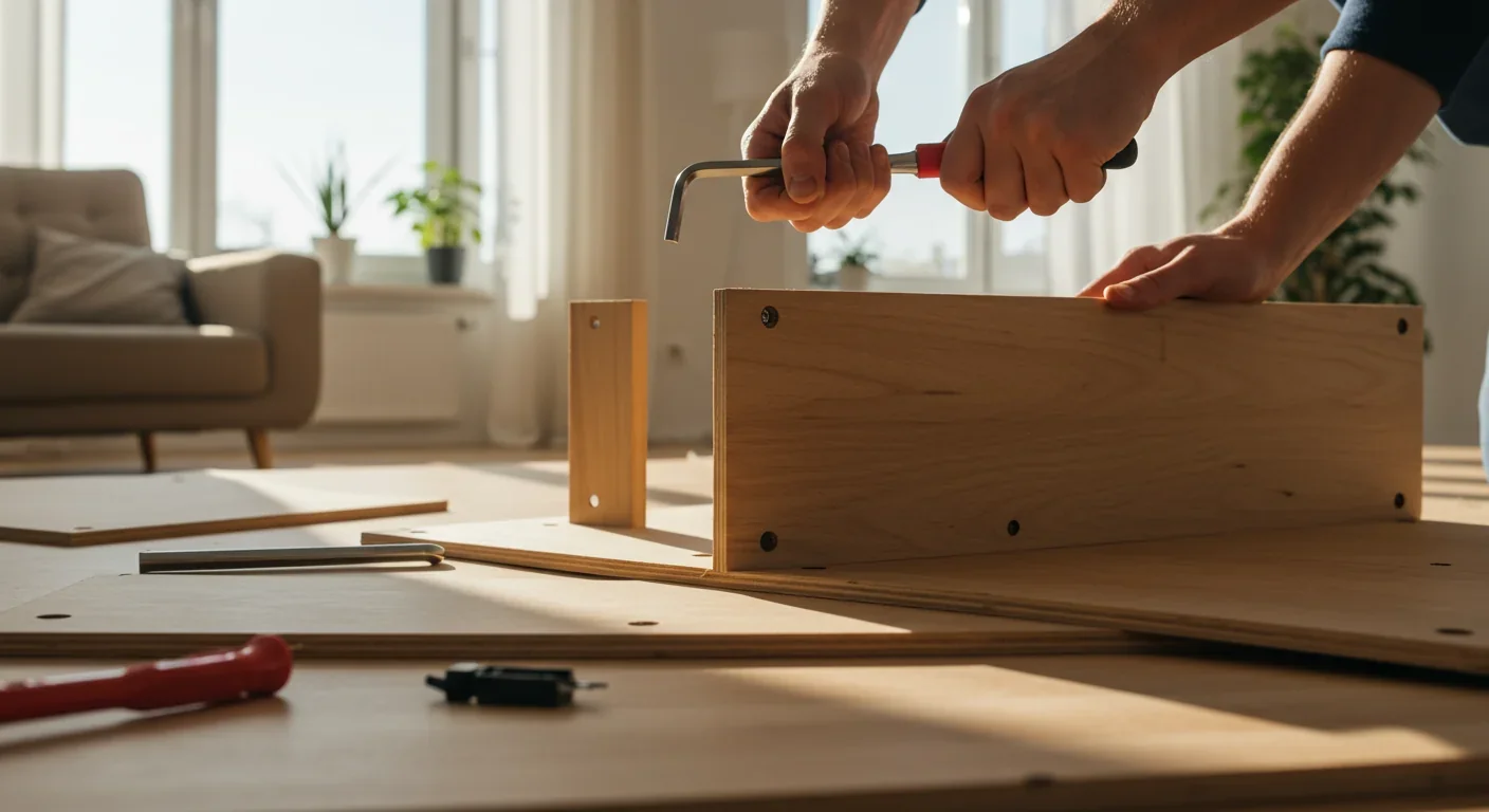 Person assembling flat-pack furniture with tools in modern living room