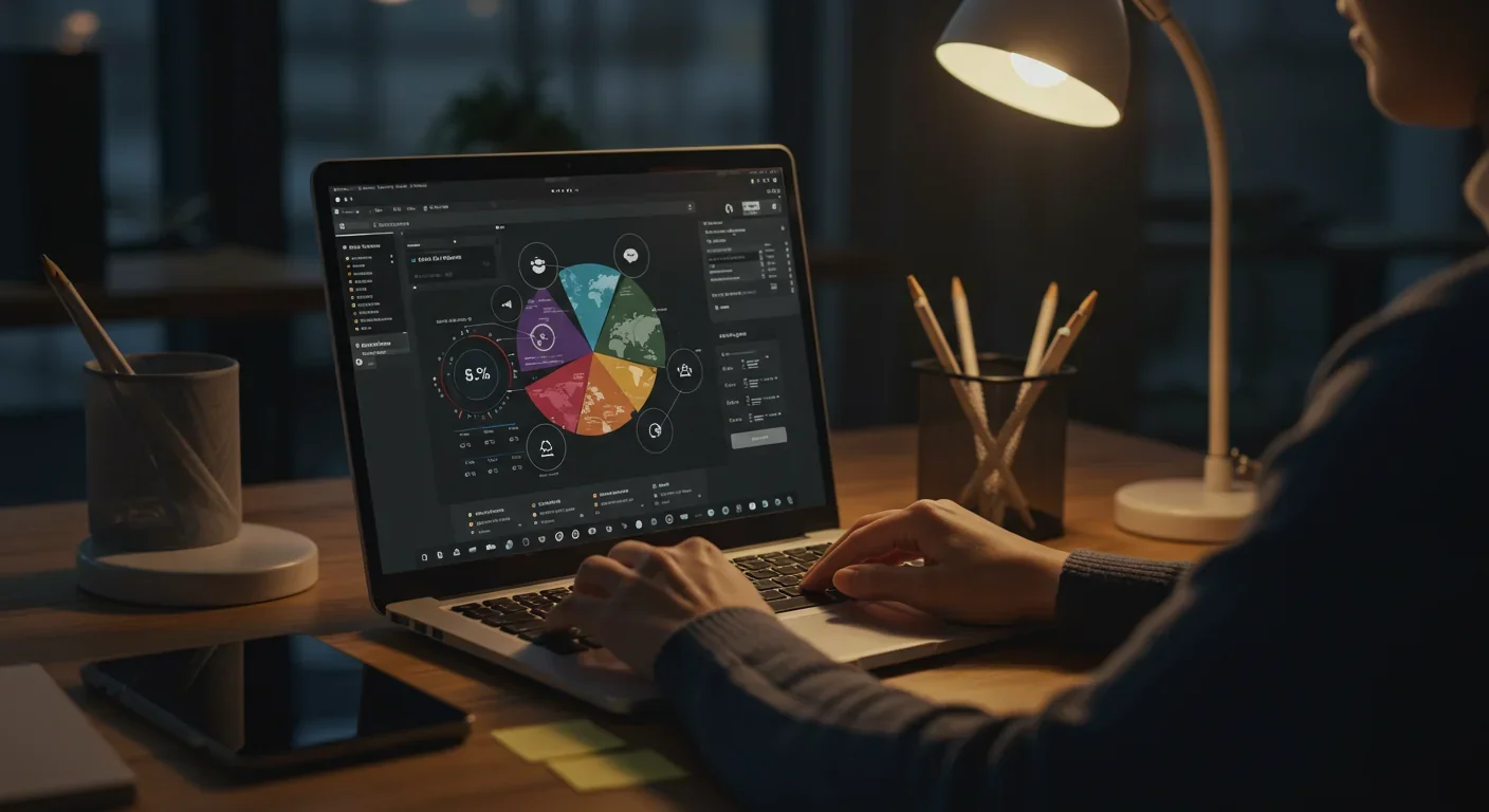 Person customizing digital dashboard interface on laptop in modern workspace
