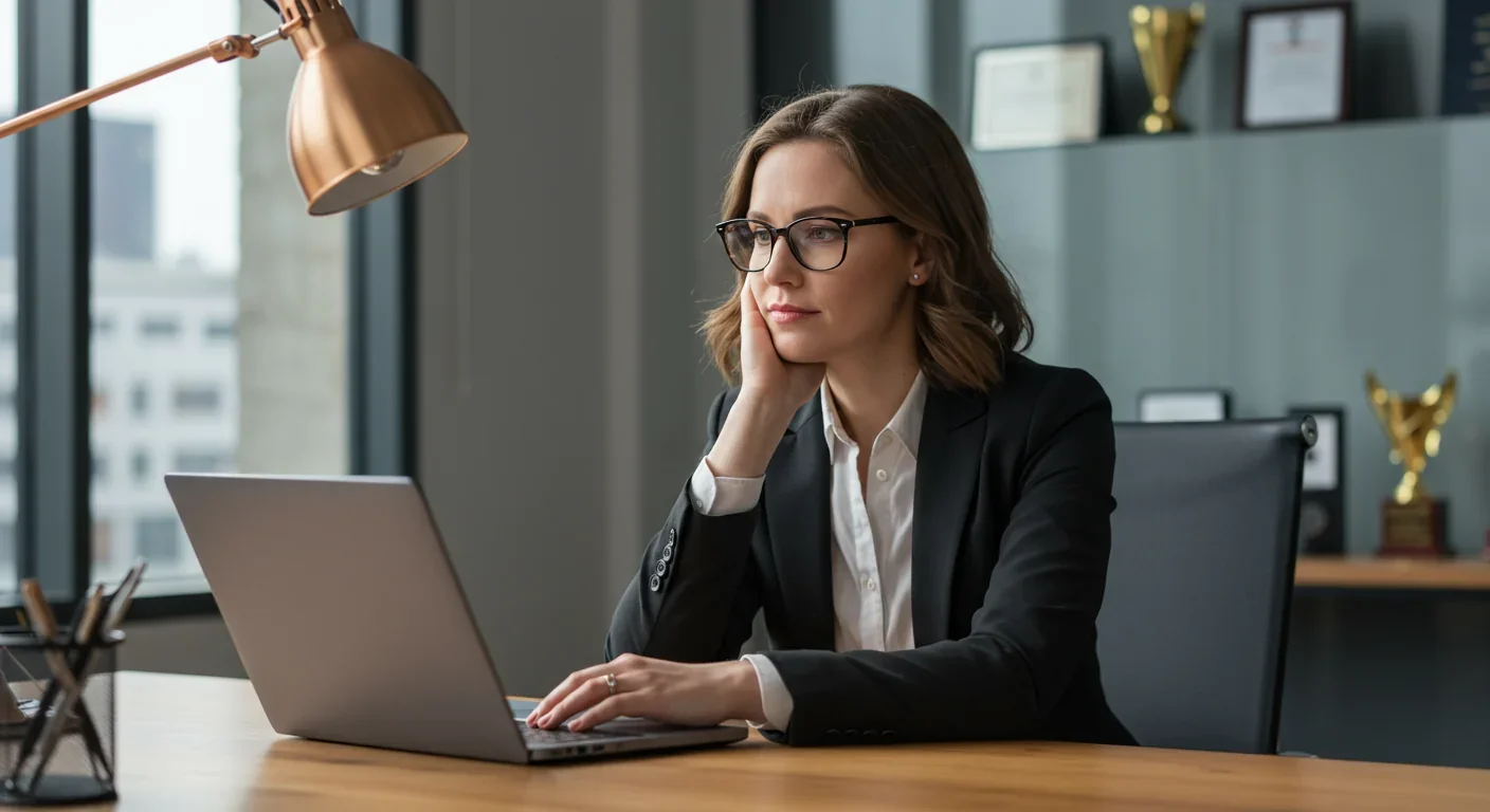 Professional woman at desk showing subtle signs of self-doubt despite visible career achievements in background