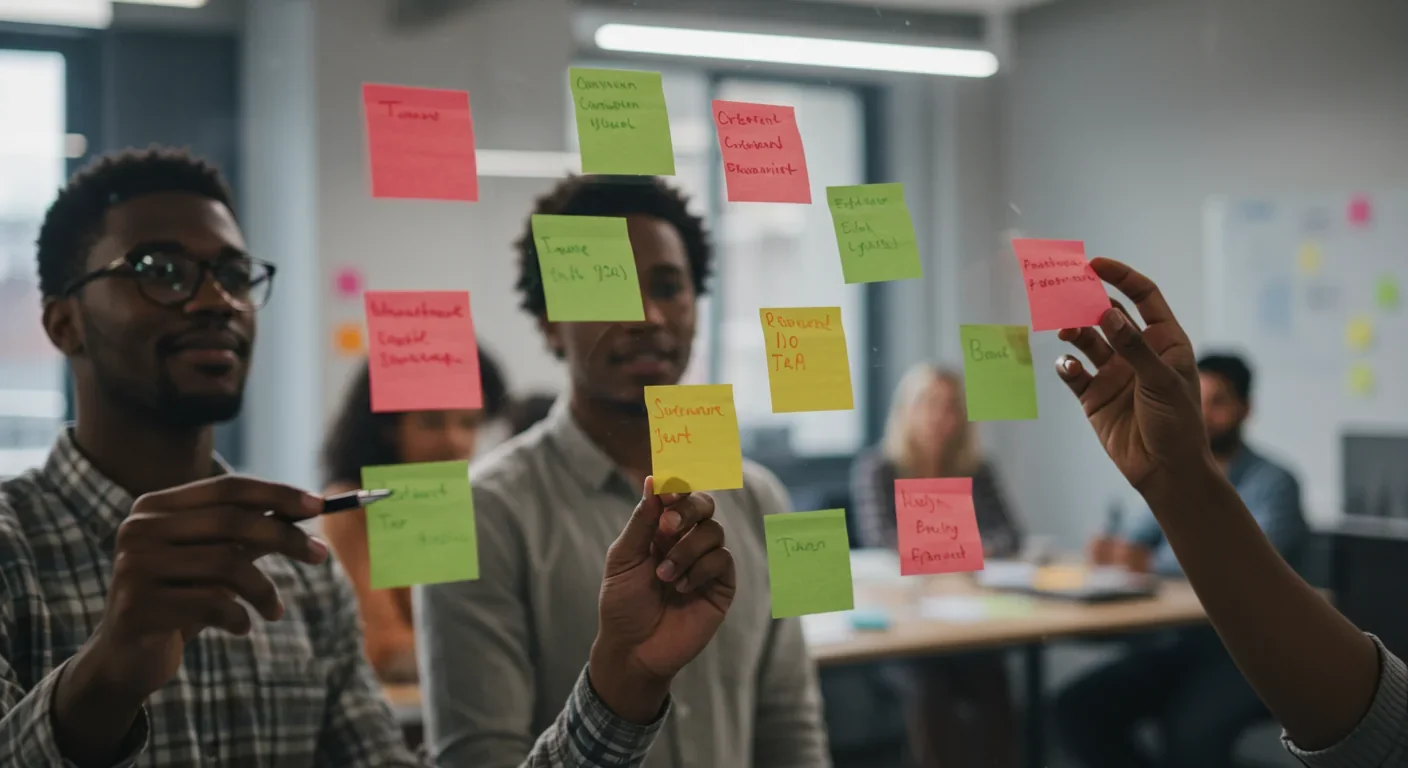 Diverse team members collaborating with sticky notes during workplace brainstorming session