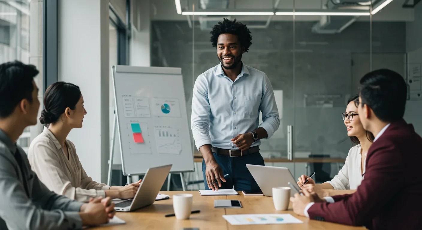 Confident diverse professional leading a team meeting in a modern office environment