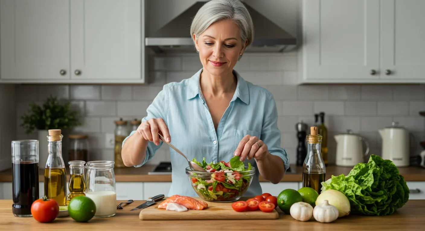 Woman preparing anti-inflammatory Mediterranean diet meal with fresh vegetables and fish