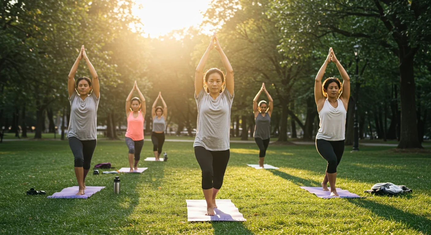 Group practicing yoga outdoors as anti-inflammatory exercise for stress reduction