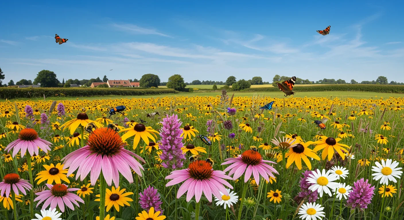 Diverse pollinators including bees and butterflies foraging on wildflowers in a vibrant meadow, symbolizing healthy insect populations and biodiversity.