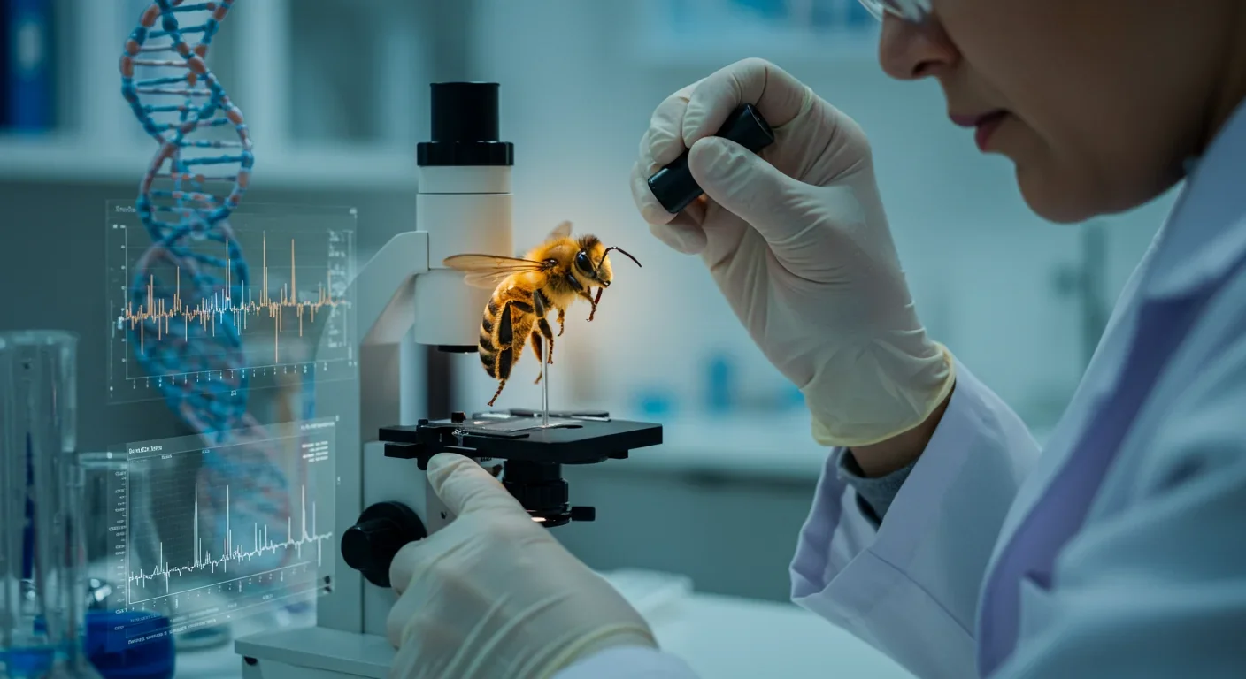 Scientist examining a honey bee under a microscope with DNA sequencing data on a monitor, representing genomic research into pollinator decline.