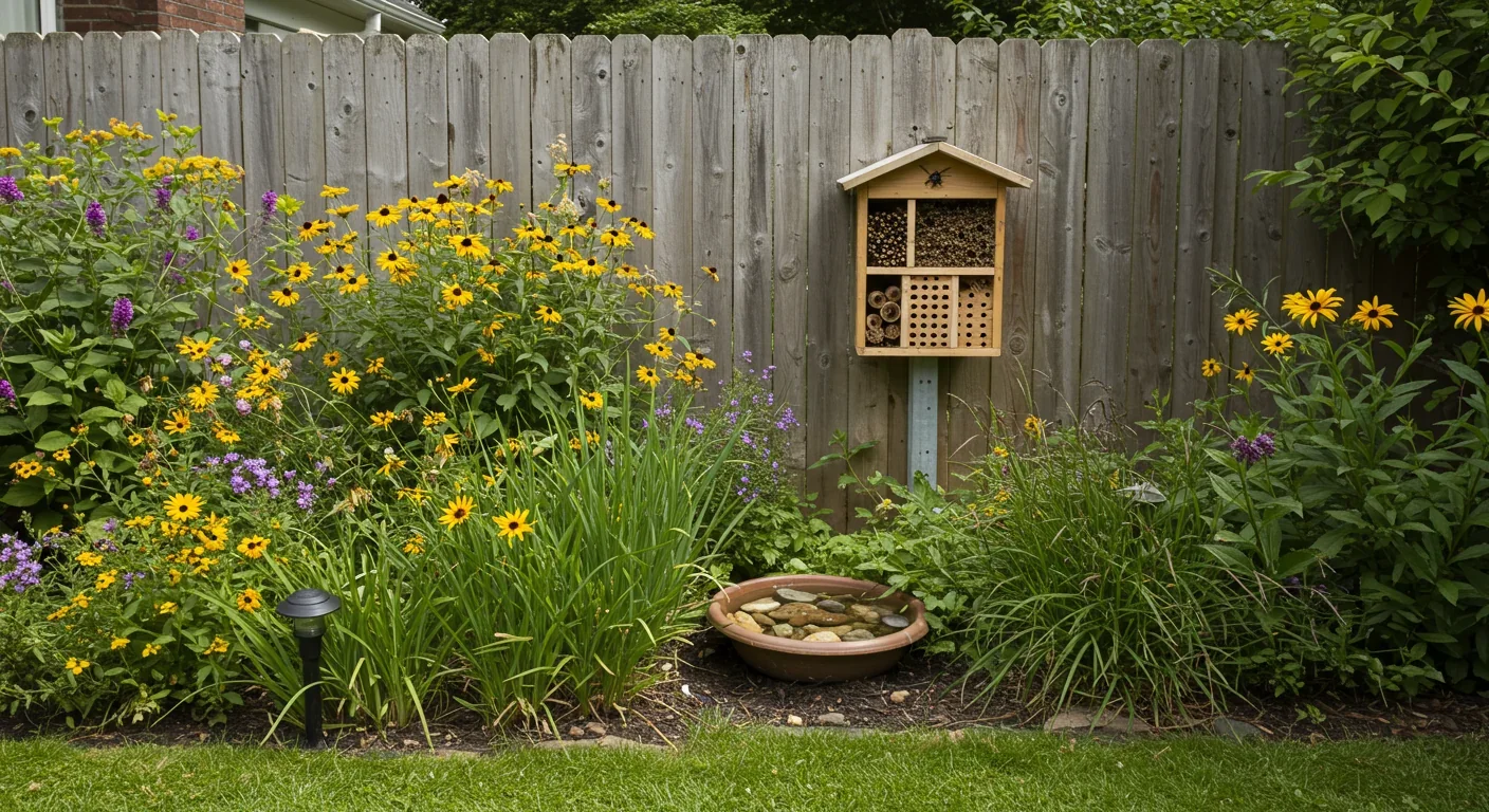 Suburban garden featuring native wildflowers, bee hotel, unmowed grass patches, and water source, demonstrating pollinator-friendly landscaping.