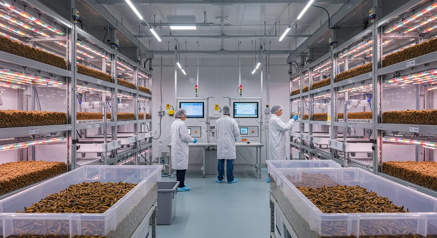 Automated insect protein farming facility with vertical rearing beds and workers monitoring black soldier fly larvae production