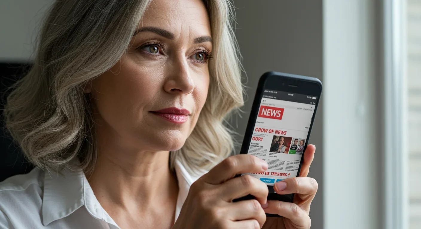 Woman reading conflicting news headlines on smartphone with thoughtful expression