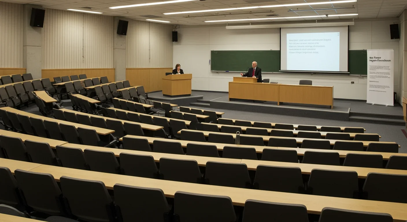 Sparsely attended university lecture hall showing distance between professor and audience