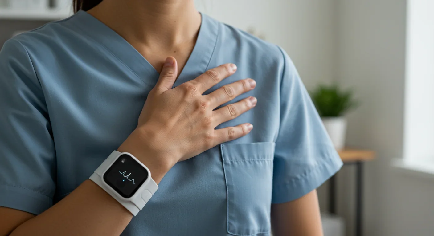 Hand on chest with wearable heart rate monitor demonstrating interoceptive measurement