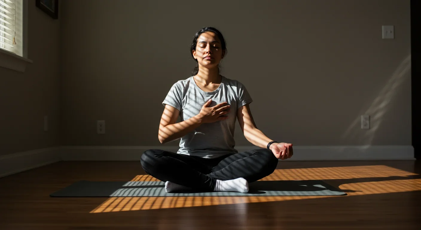 Person practicing interoceptive body scan meditation on yoga mat at home
