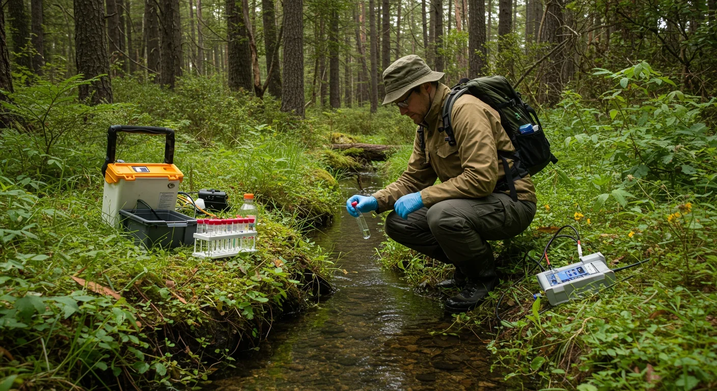 Conservation scientist collecting environmental DNA water sample in forest stream for invasive species detection