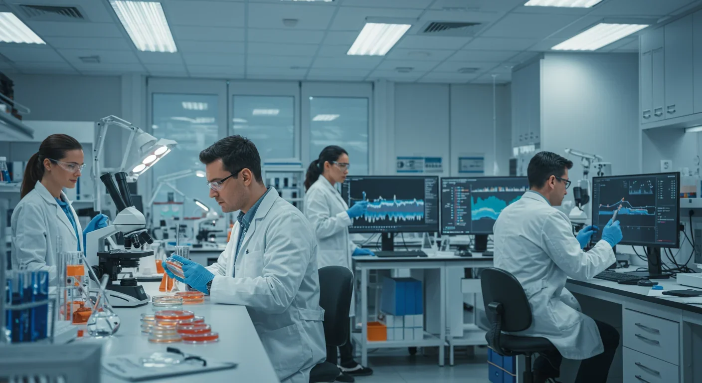 Research scientists analyzing CRISPR gene editing results for invasive species control in modern laboratory