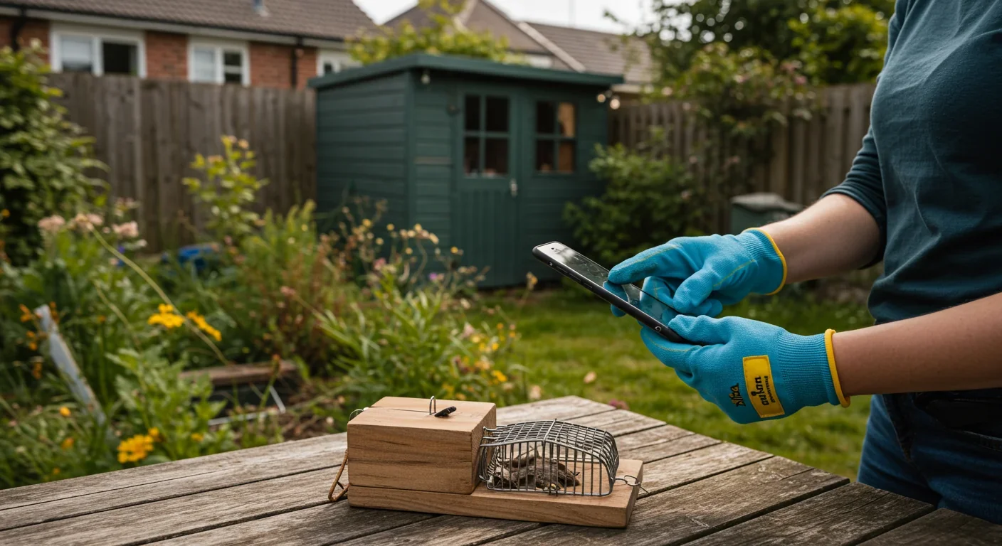 Volunteer using smartphone-connected trap for invasive species monitoring in residential backyard conservation project