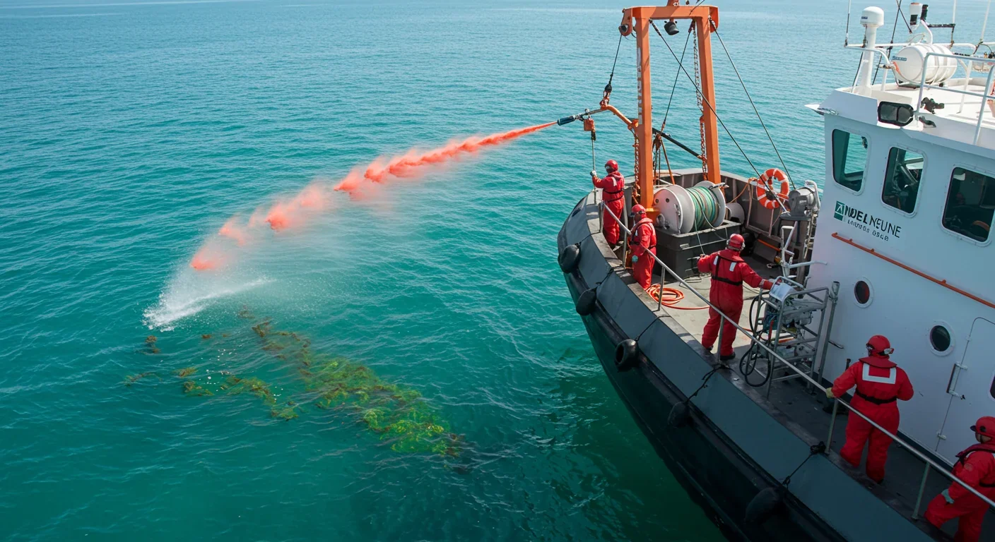 Research ship conducting iron fertilization experiment with visible phytoplankton bloom in ocean