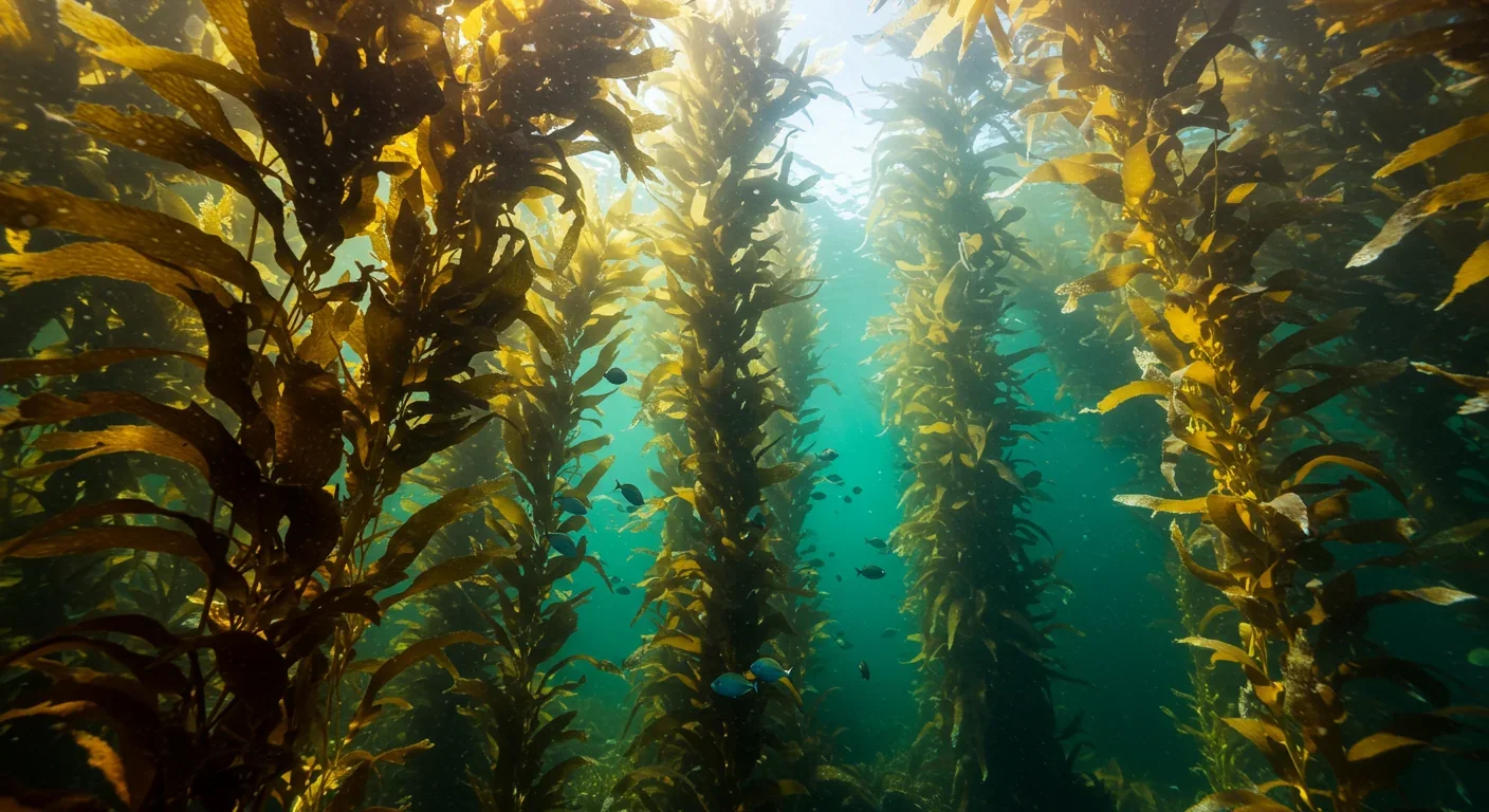 Underwater kelp forest with sunlight streaming through swaying fronds during high tide