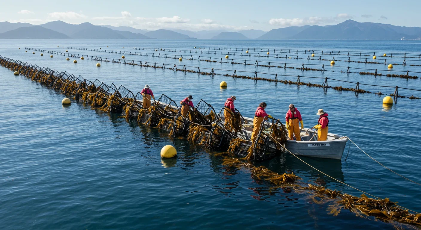 Kelp farmers harvesting seaweed from vertical rope lines on a coastal ocean farm with mountains in the background