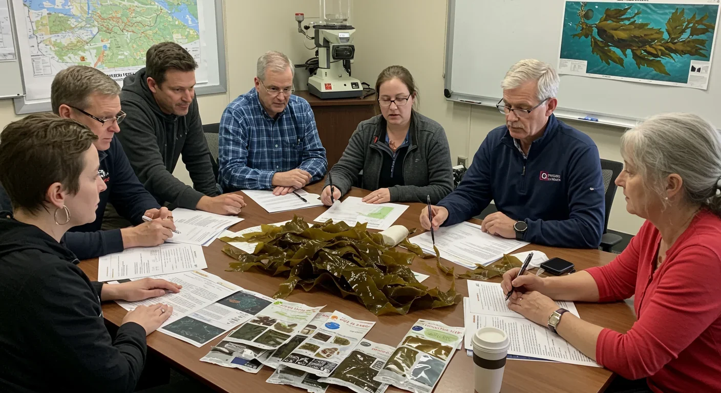 Diverse group of coastal community members, scientists, and policymakers collaborating on kelp forest restoration planning at a meeting table