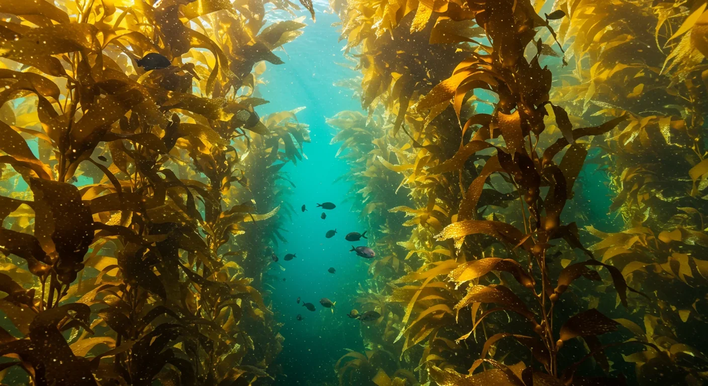 Dense kelp forest underwater with sunlight streaming through tall brown seaweed fronds and fish swimming in clear coastal water
