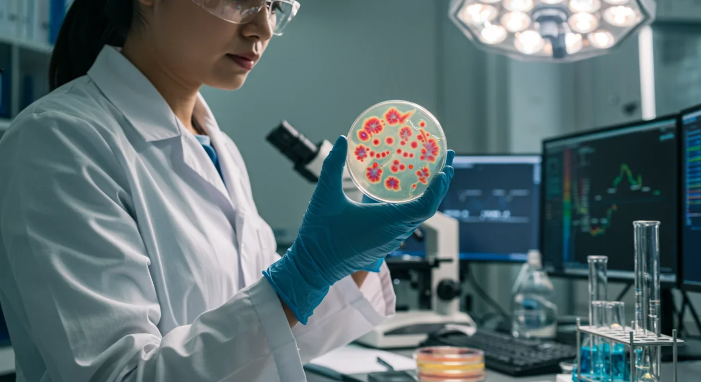 Scientist examining bacterial cultures in modern laboratory for gut microbiome research