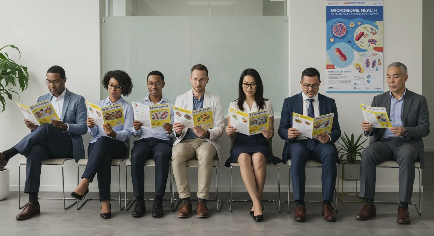 Diverse patients in clinic waiting room learning about microbiome health treatments