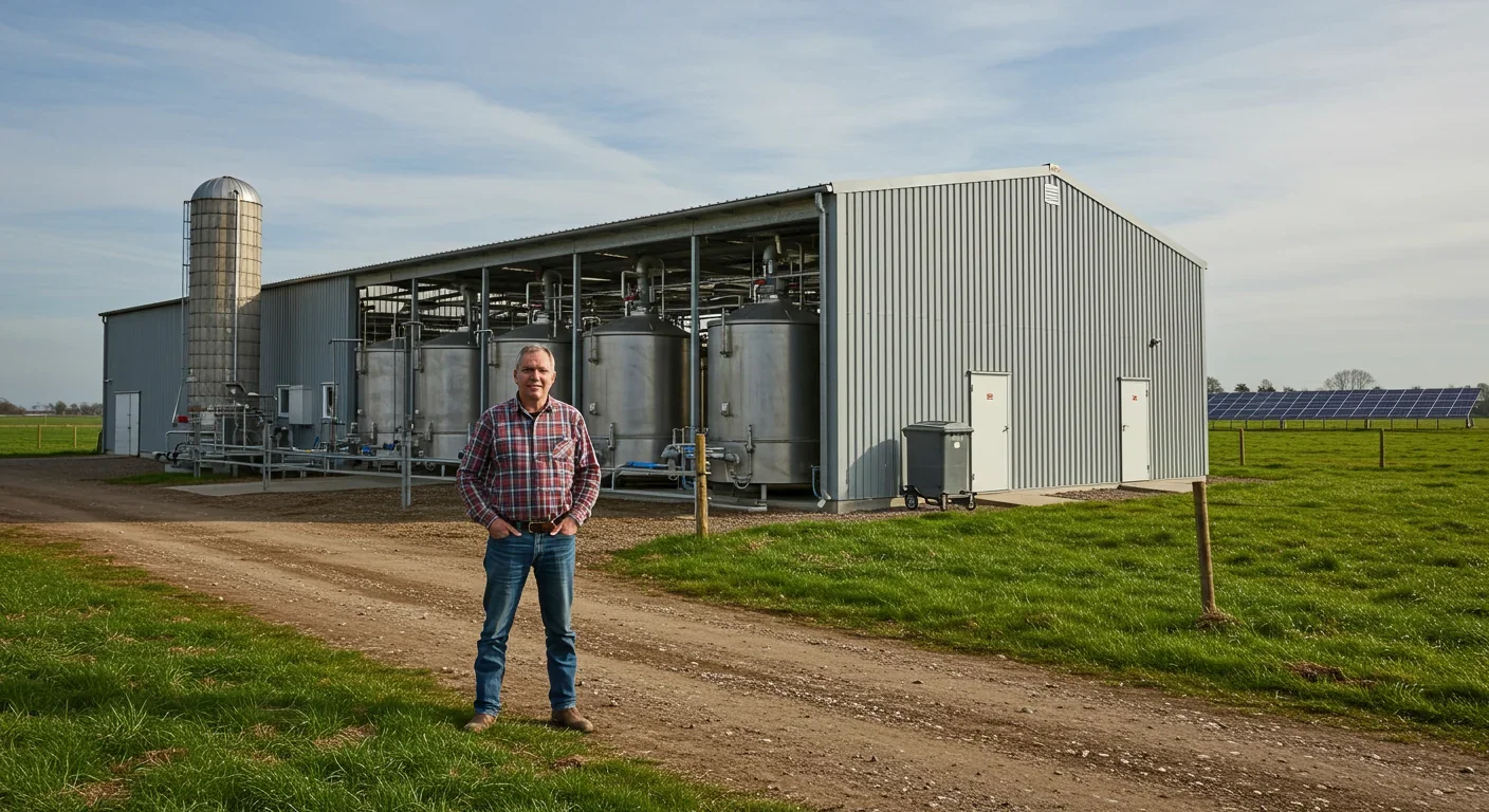Farmer at integrated cultured meat facility with solar panels and traditional farm buildings