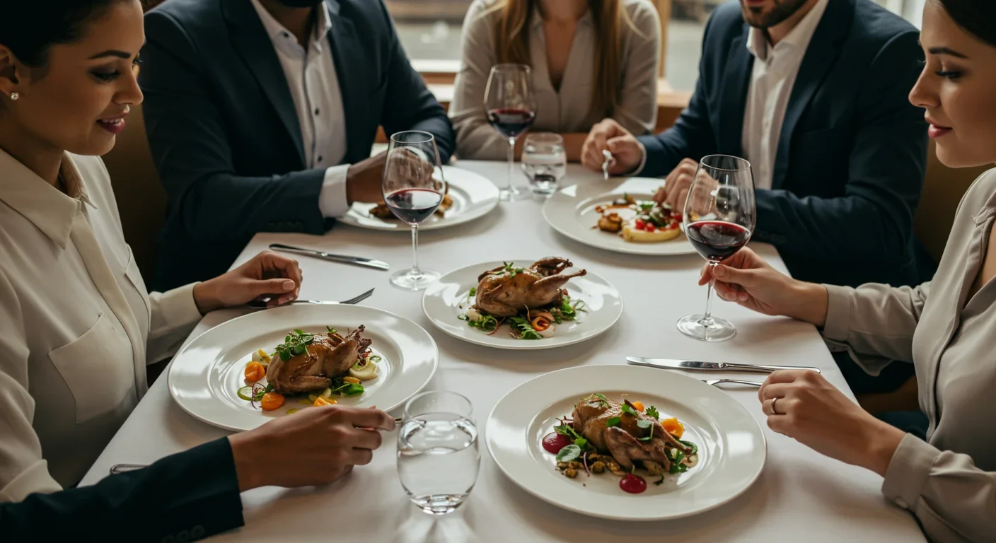 Diners tasting cultured quail at fine-dining restaurant with elegant plating