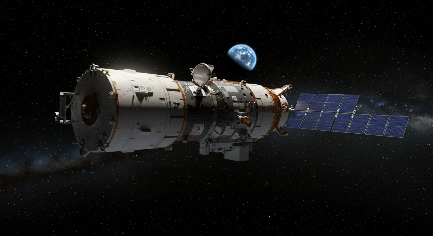 Realistic space station at Lagrange point with Earth in background and extended solar arrays in deep space