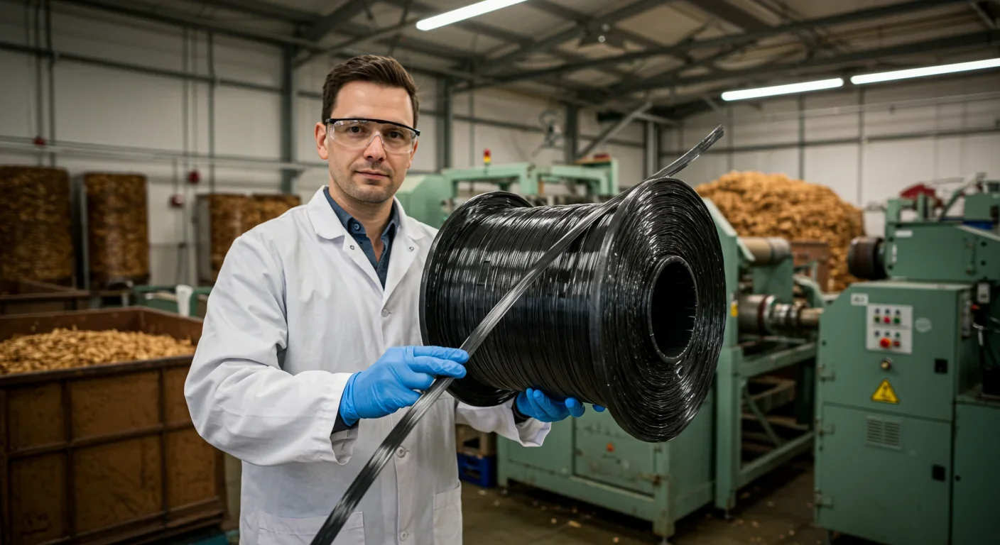 Researcher examining lignin-based carbon fiber in pulp mill laboratory with wood feedstock