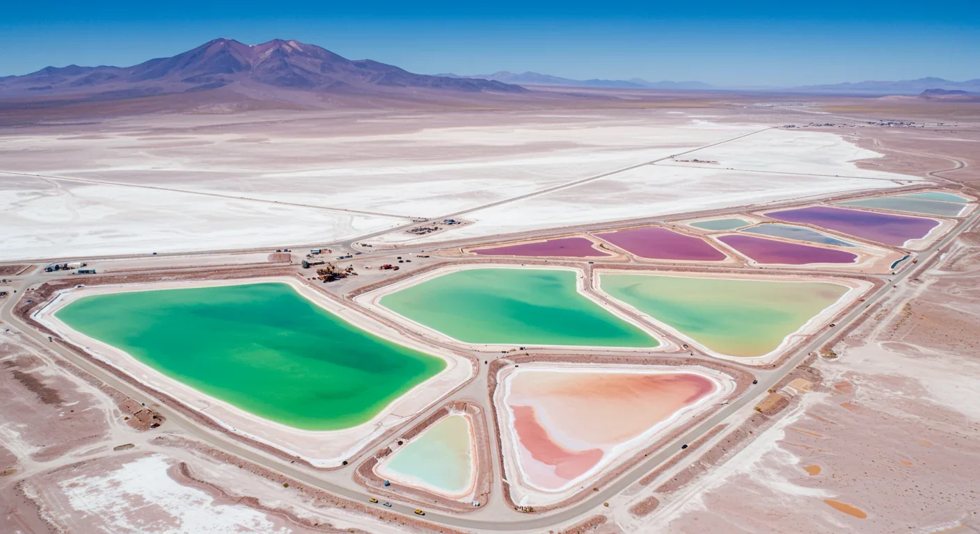 Aerial view of lithium evaporation ponds in Chile's Atacama Desert showing environmental scale of traditional extraction