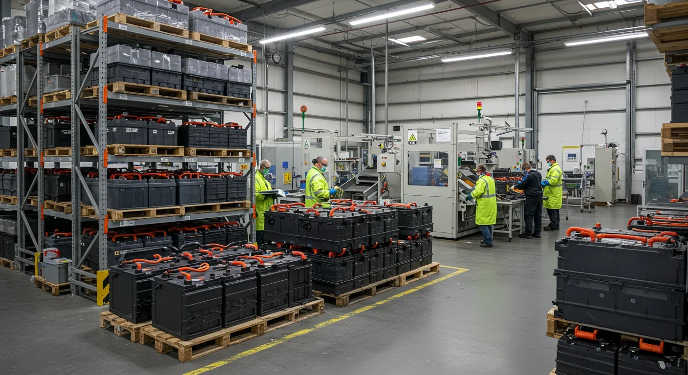 Electric vehicle battery recycling facility showing stacked battery packs ready for processing