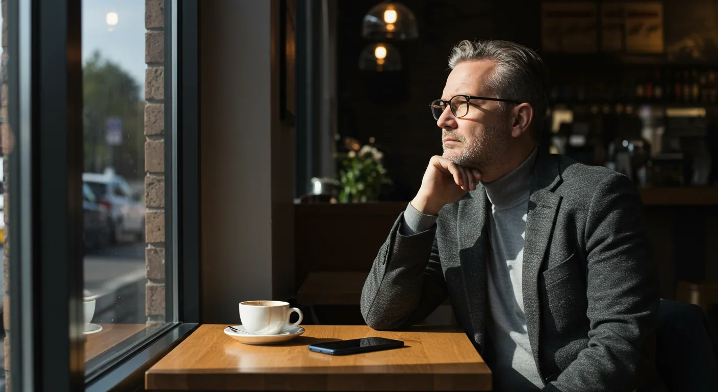 Person sitting alone in coffee shop looking out window representing social isolation and loneliness epidemic